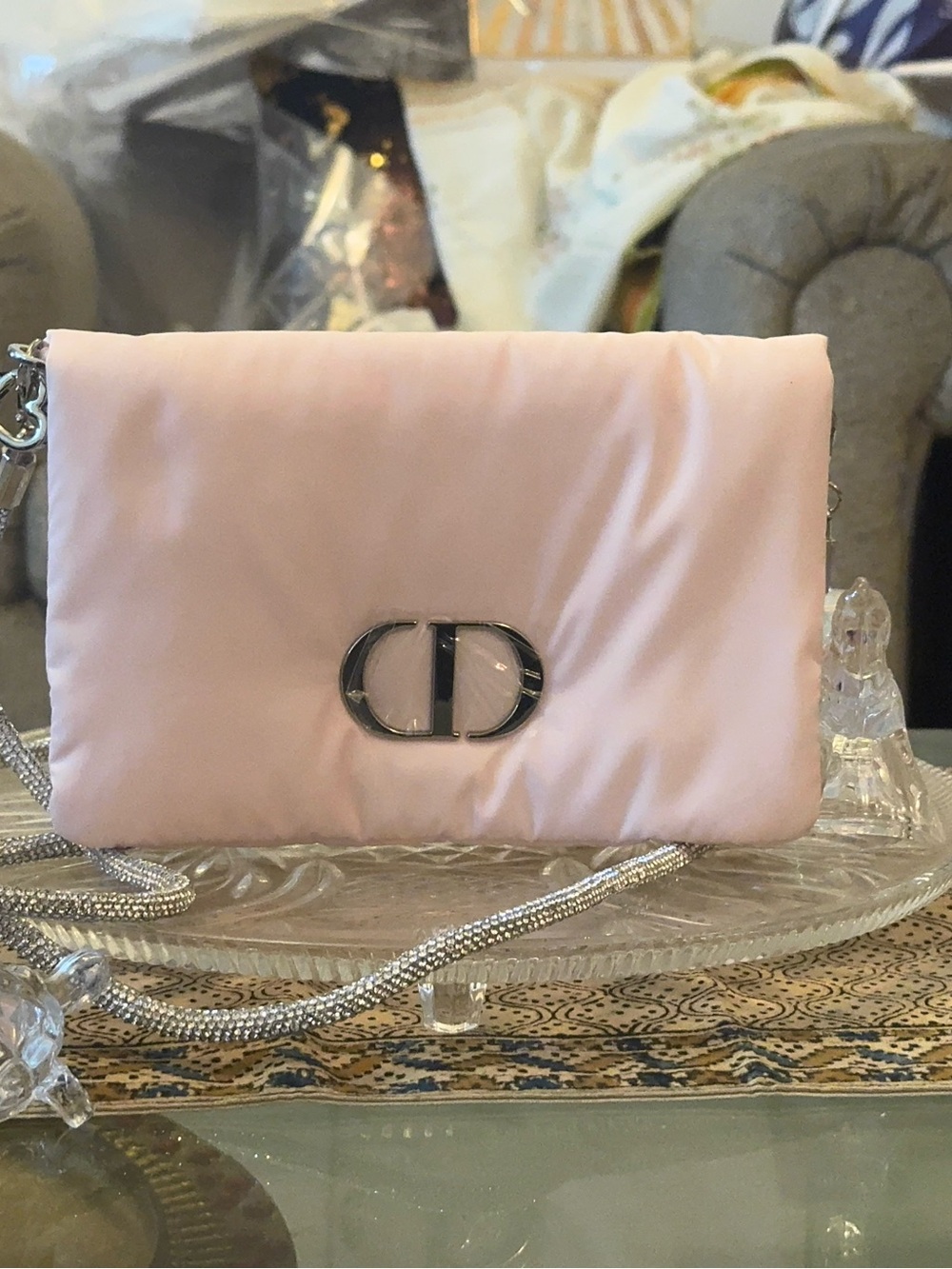 Dior Light Pink Satin Clutch with glitter  Silver Chain Detail - Picture 3 of 16